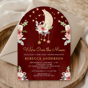 Invitación Ducha de bebé arco luna estrellas florales Borgoña