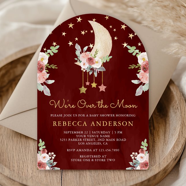 Invitación Ducha de bebé arco luna estrellas florales Borgoña (Subido por el creador)