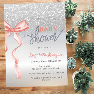 Invitación Ducha de Bebé Arco Rosa Brillo Plateado Bokeh