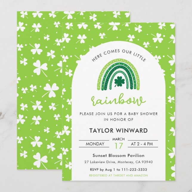 Invitación Ducha de bebé Arcoíris del Día de San Patricio (Anverso / Reverso)
