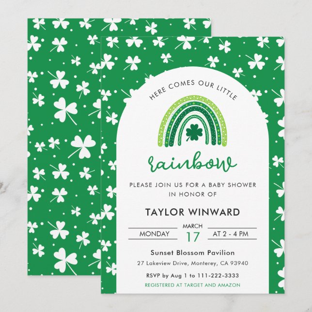 Invitación Ducha de bebé Arcoíris del Día de San Patricio (Anverso / Reverso)