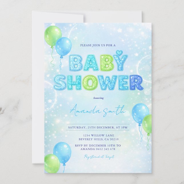 Invitación Ducha de bebé arcoíris destellos azul verde niño  (Anverso)