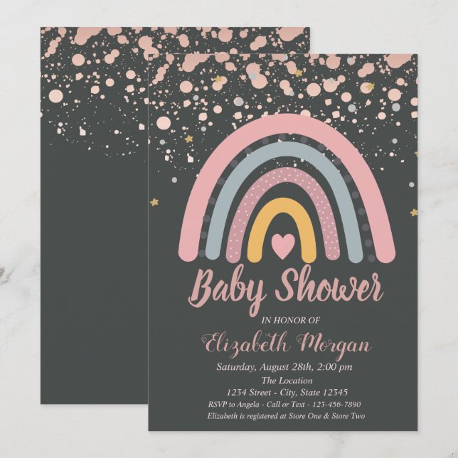Invitación Ducha de Bebé Arcoíris Lindo, Puntos de Oro Rosa (Anverso / Reverso)