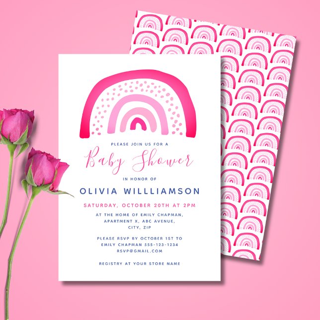 Invitación Ducha de bebé arcoíris rosa moderna (Cute pink girls' rainbow, baby shower invitations and matching party range. 
)