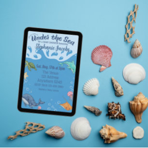 Invitación Ducha de Bebé Azul Bajo el Agua, Bajo el Mar