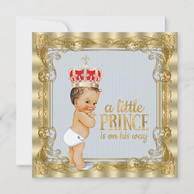 Invitación Ducha de Bebé Azul Bebé Oro Príncipe Real (Anverso)