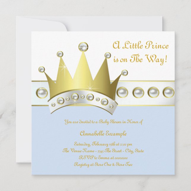 Invitación Ducha de bebé azul bebé y oro Príncipe (Anverso)