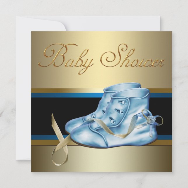 Invitación Ducha de bebé azul bebé y oro Príncipe (Anverso)