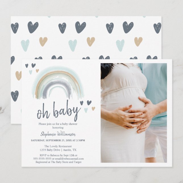 Invitación Ducha de bebé azul boho arcoíris con foto (Anverso / Reverso)