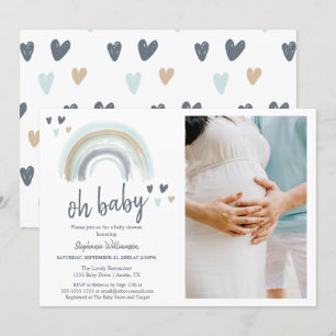 Invitación Ducha de bebé azul boho arcoíris con foto