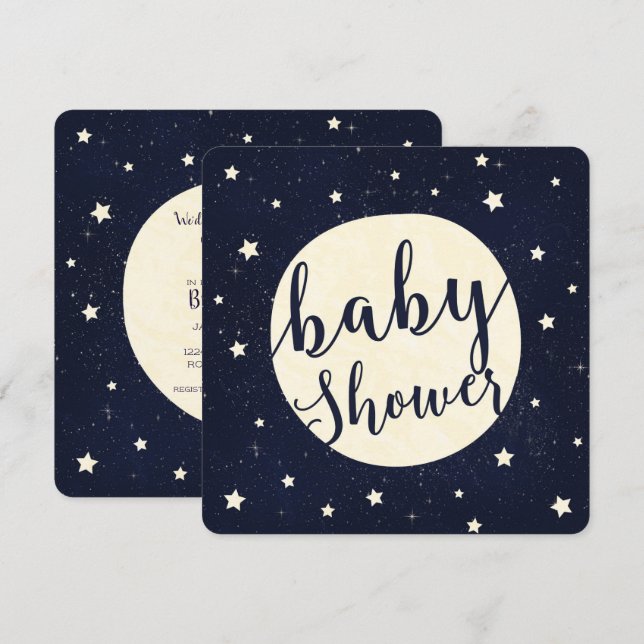 Invitación Ducha de bebé azul celestial de luna y estrellas c (Anverso / Reverso)