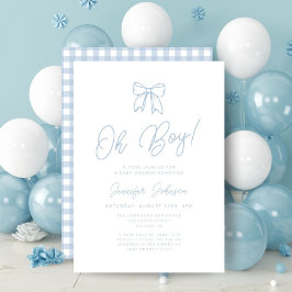 Invitación Ducha de Bebé Azul Gingham Bow Oh Niño