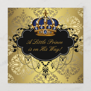 Invitación Ducha de bebé azul marino negro dorado príncipe