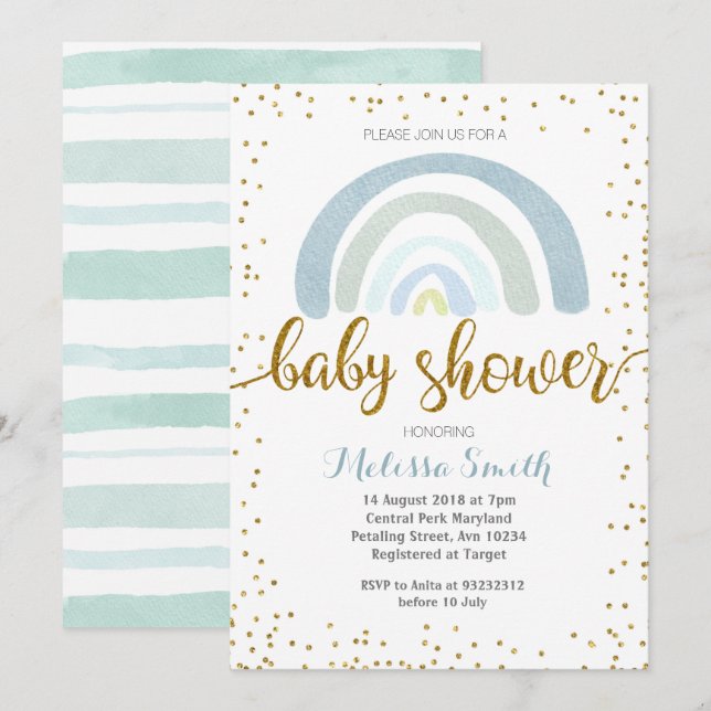 Invitación Ducha de bebé azul Rainbow Mint (Anverso / Reverso)