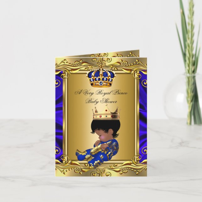 Invitación Ducha de bebé azul real príncipe dorado plegado (Anverso)