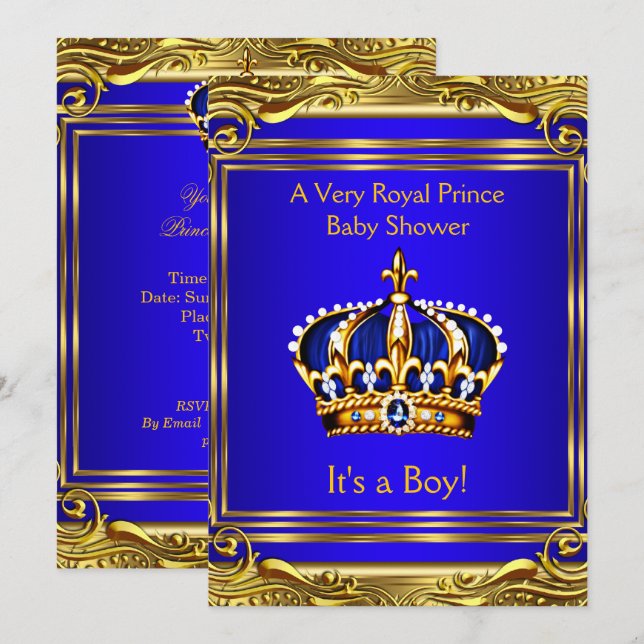 Invitación Ducha de bebé azul real príncipe Niño de oro (Anverso / Reverso)
