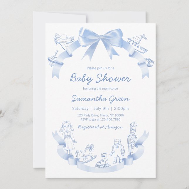 Invitación Ducha De Bebé Azul Toile De Jouy (Anverso)