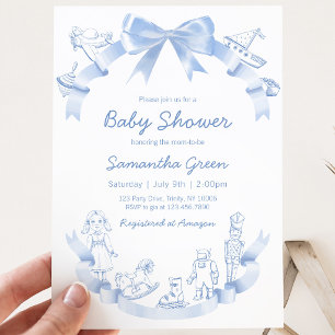 Invitación Ducha De Bebé Azul Toile De Jouy