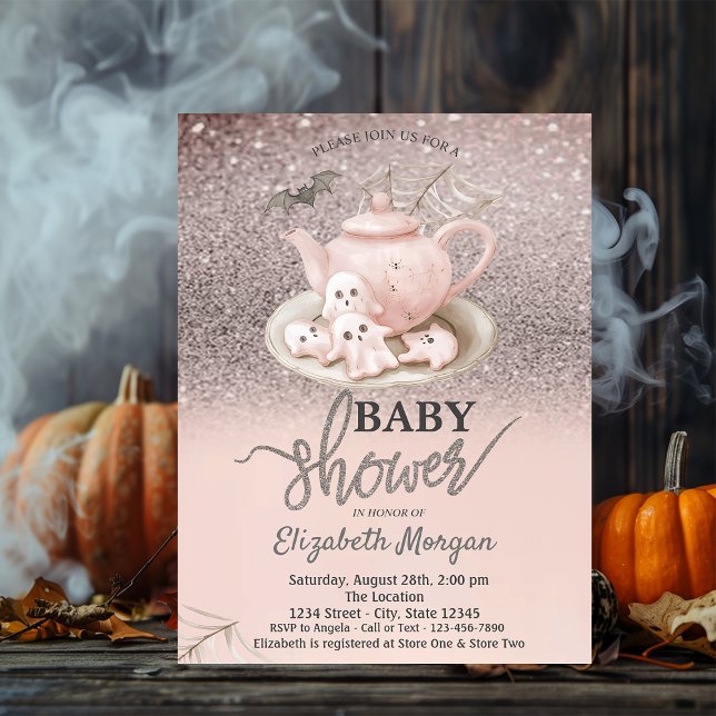 Invitación Ducha de Bebé Baby Ghosts Tetera Rose Glitter Boke (Subido por el creador)