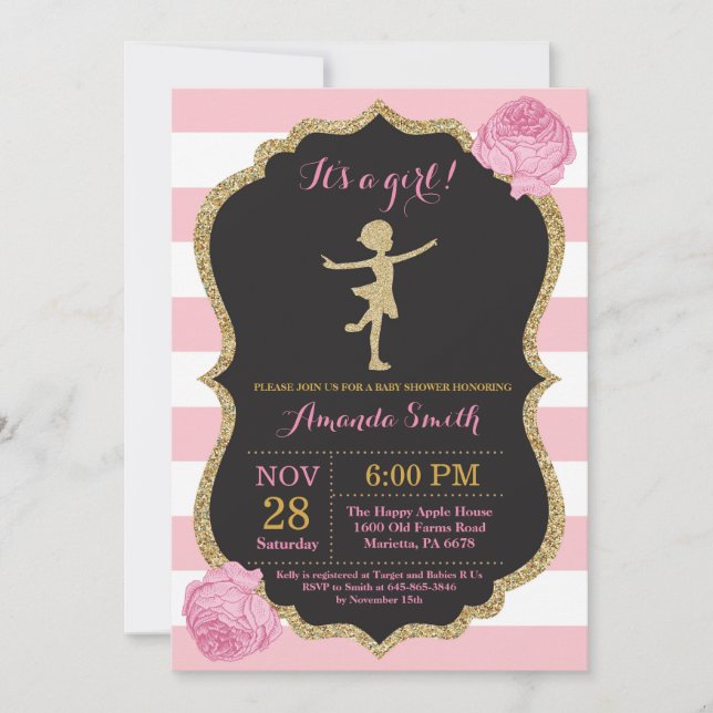 Invitación Ducha de bebé Bailarina Brillo Rosa y Dorado (Anverso)