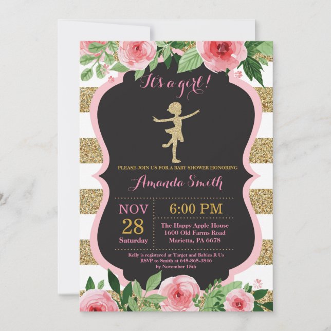 Invitación Ducha de bebé Bailarina Brillo Rosa y Dorado (Anverso)