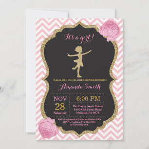 Invitación Ducha de Bebé Bailarina Brillo Rosa y Dorado