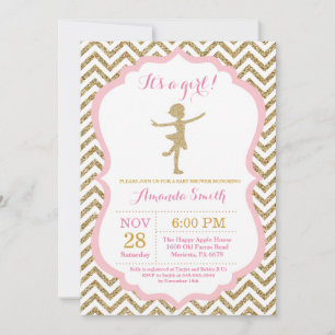 Invitación Ducha de bebé Bailarina Brillo Rosa y Dorado
