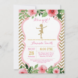 Invitación Ducha de Bebé Bailarina Brillo Rosa y Dorado