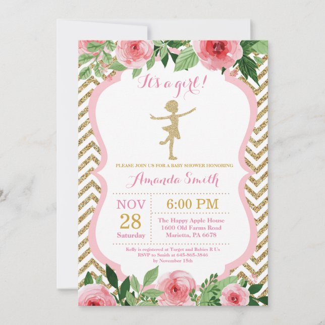 Invitación Ducha de Bebé Bailarina Brillo Rosa y Dorado (Anverso)