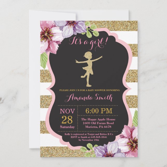 Invitación Ducha de bebé Bailarina Brillo Rosa y Dorado (Anverso)