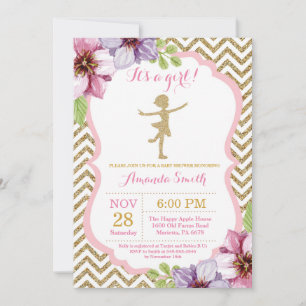 Invitación Ducha de bebé Bailarina Brillo Rosa y Dorado