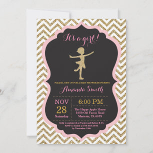 Invitación Ducha de bebé Bailarina Brillo Rosa y Dorado