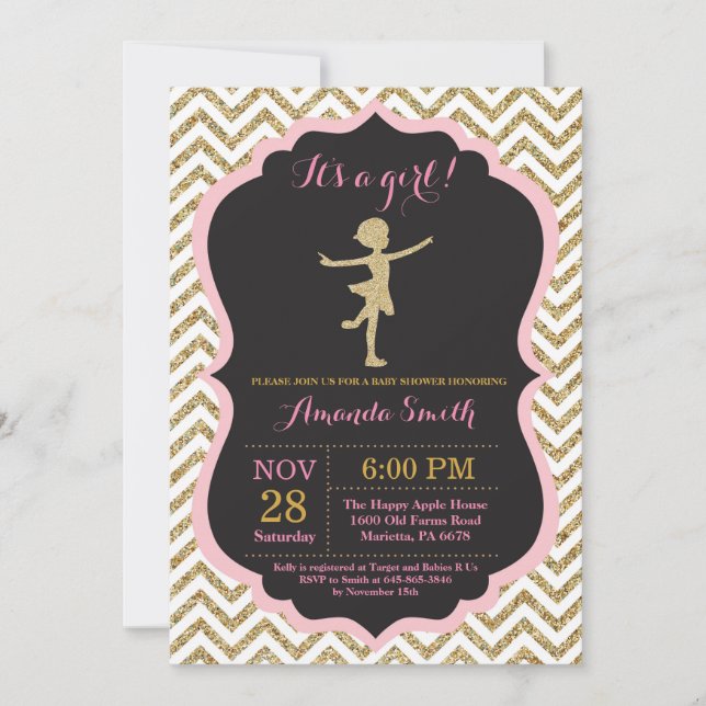 Invitación Ducha de bebé Bailarina Brillo Rosa y Dorado (Anverso)