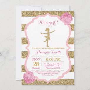 Invitación Ducha de Bebé Bailarina Brillo Rosa y Dorado