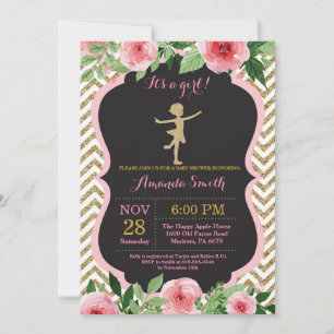 Invitación Ducha de Bebé Bailarina Brillo Rosa y Dorado