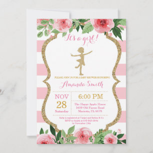 Invitación Ducha de Bebé Bailarina Brillo Rosa y Dorado