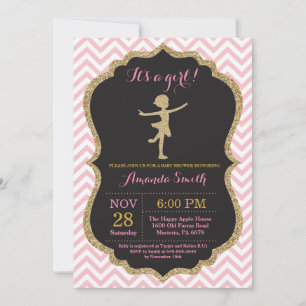 Invitación Ducha de bebé Bailarina Rosa y Dorado Brillante