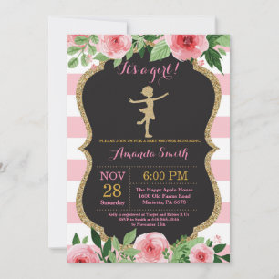 Invitación Ducha de bebé Bailarina Rosa y Purpurina Dorada