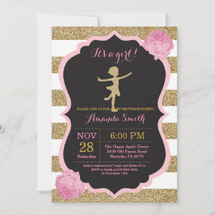 Invitación Ducha de Bebé Bailarina Rosa y Purpurina Dorada