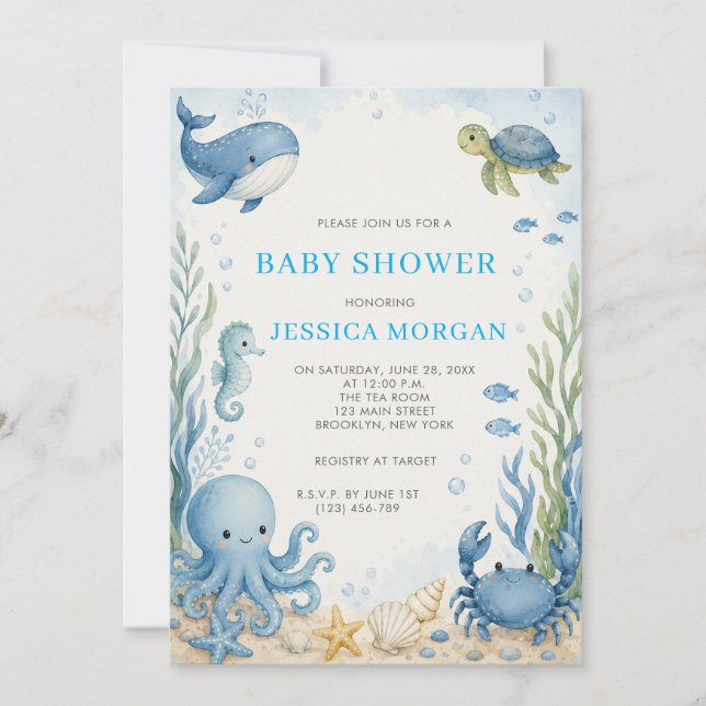 Invitación Ducha de Bebé Bajo El Mar  (Anverso)
