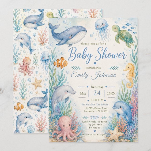 Invitación Ducha de bebé bajo el mar (Anverso / Reverso)