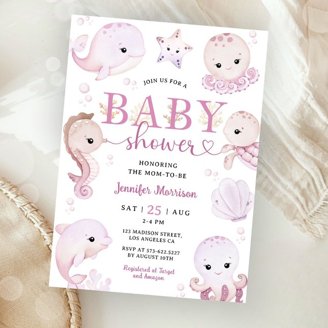 Invitación Ducha de Bebé Bajo El Mar Niña Rosa Océano  (Subido por el creador)
