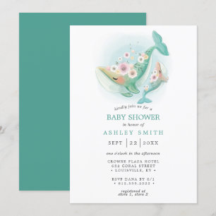 Invitación Ducha de Bebé Ballena Acuarela Floral Teal