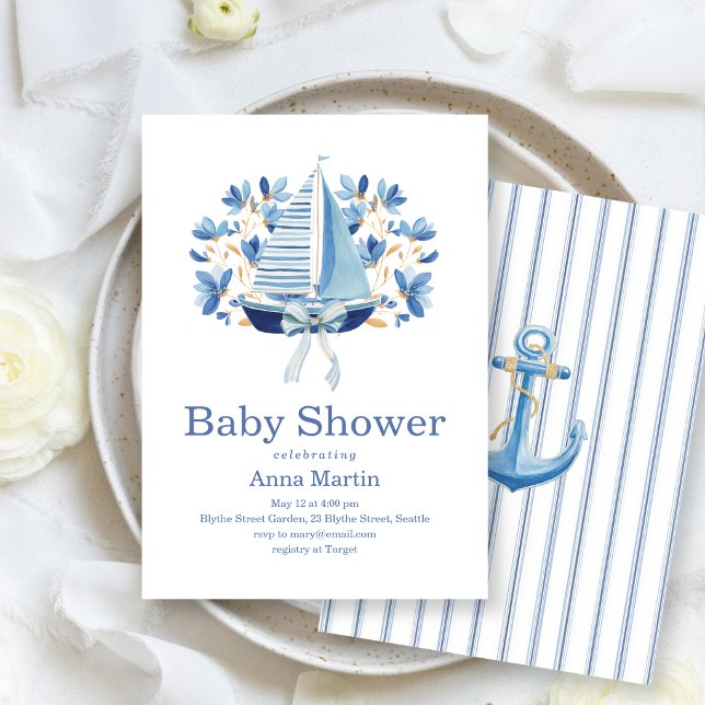Invitación Ducha de Bebé Barcos Azules y Lazos (Subido por el creador)