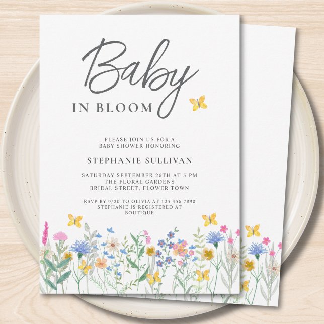 Invitación Ducha de bebé 'Bebé en Flor' Mariposas Flores Silv (Subido por el creador)