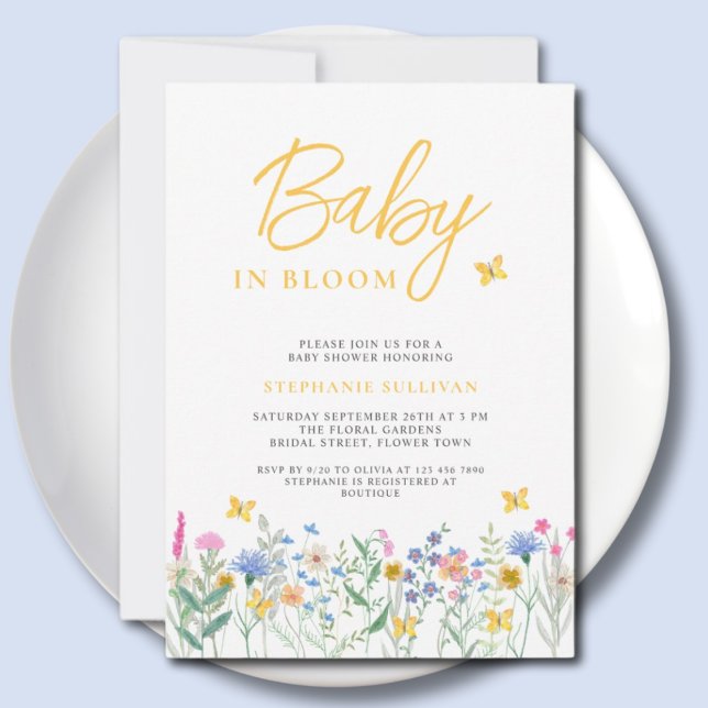 Invitación Ducha de bebé 'Bebé en Flor' Mariposas Flores Silv (Subido por el creador)