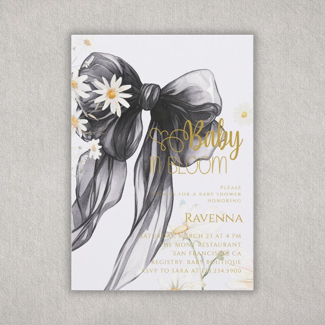 Invitación Ducha de Bebé Bebé en Flor Preppy Lazo Negro Daisy (Subido por el creador)