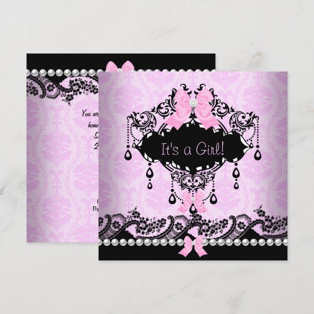 Invitación Ducha de Bebé Bebé Niña Rosa Negro Damask Lazo (Anverso / Reverso)