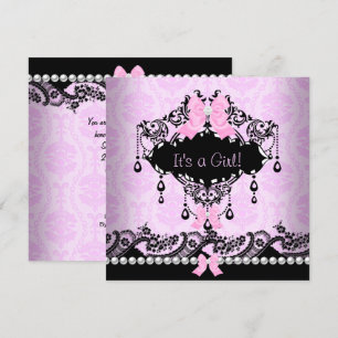 Invitación Ducha de Bebé Bebé Niña Rosa Negro Damask Lazo