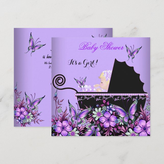 Invitación Ducha de Bebé Bebé Niña Rubia Mariposa Morada (Anverso / Reverso)